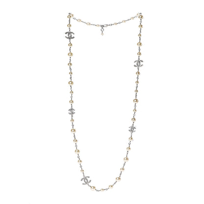 Chanel Graduated Pearl Crystal CC Long Necklace Silver 3 of 5