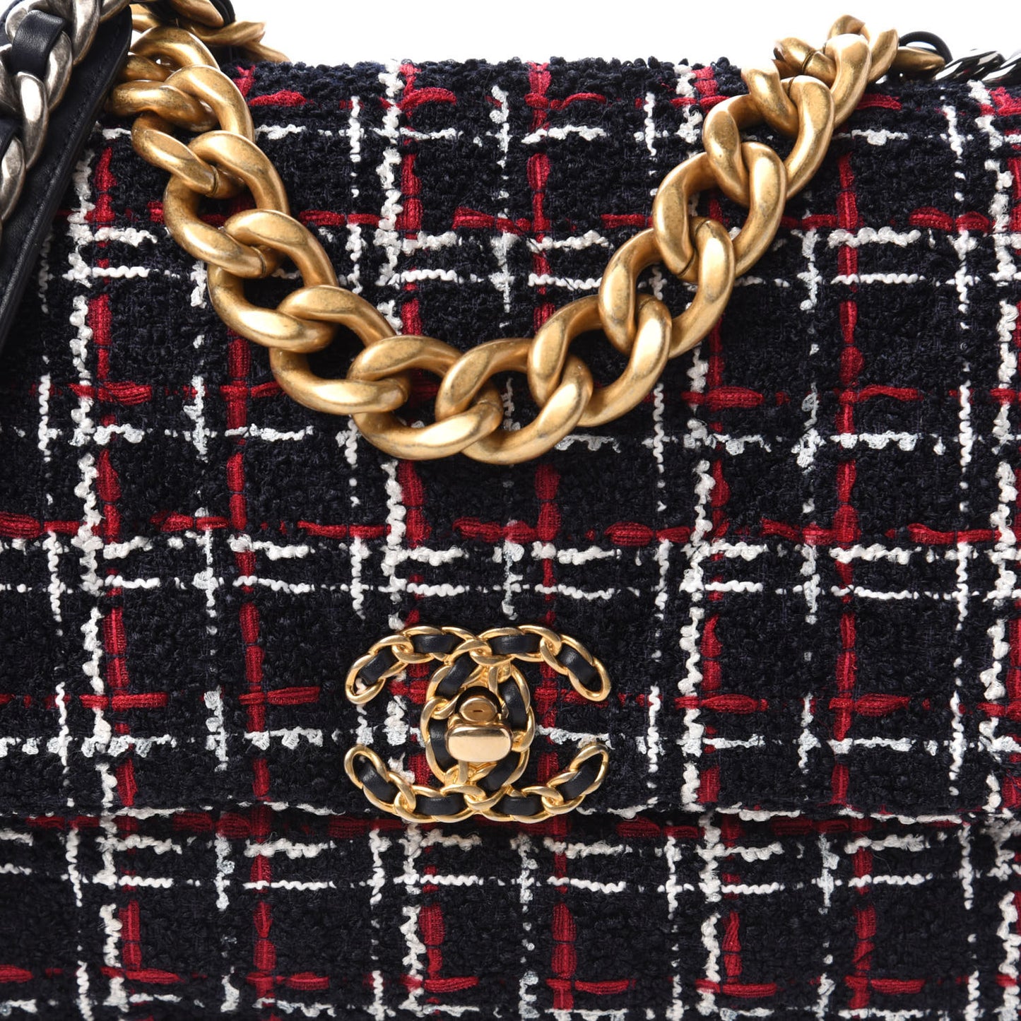 Tweed Quilted Large Chanel 19 Flap Navy Blue White Red