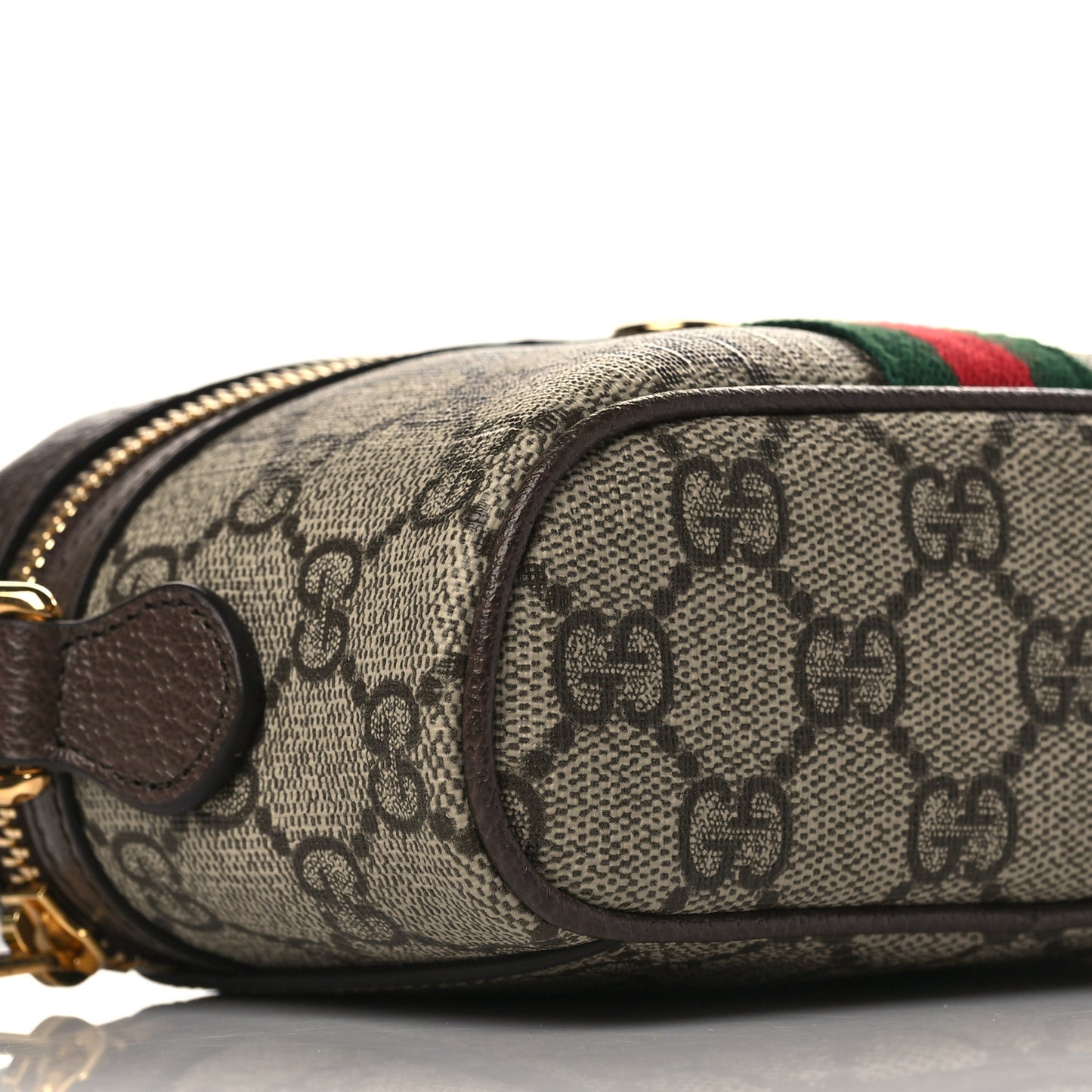 GG Supreme Monogram Textured Calfskin Web Mini Ophidia Top Handle Bag Beige Ebony New Acero