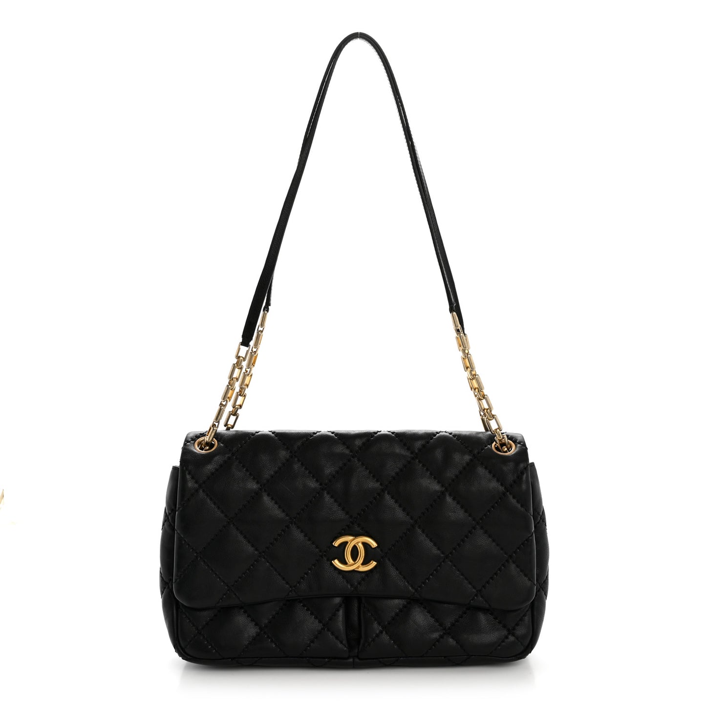 Calfskin Quilted Large Retro Chain Flap Black