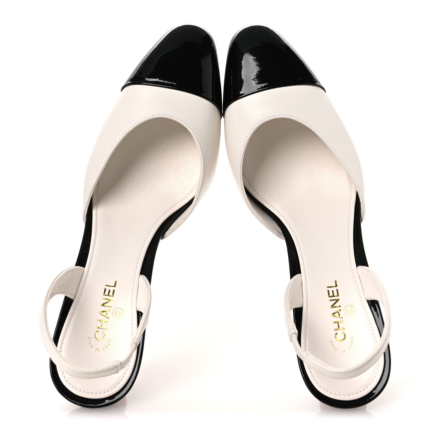 Chanel Lambskin Patent Cap Toe CC Apple Slingback Pumps 39 White