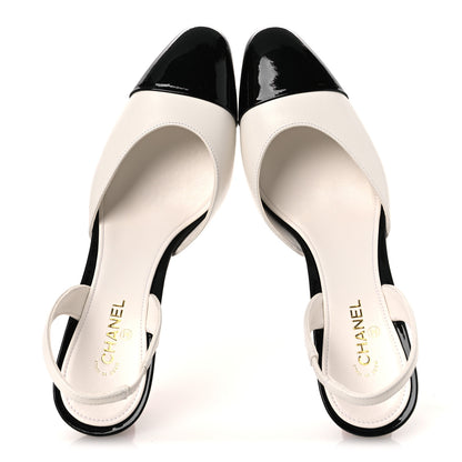 Chanel Lambskin Patent Cap Toe CC Apple Slingback Pumps 39 White Black 2 of 11