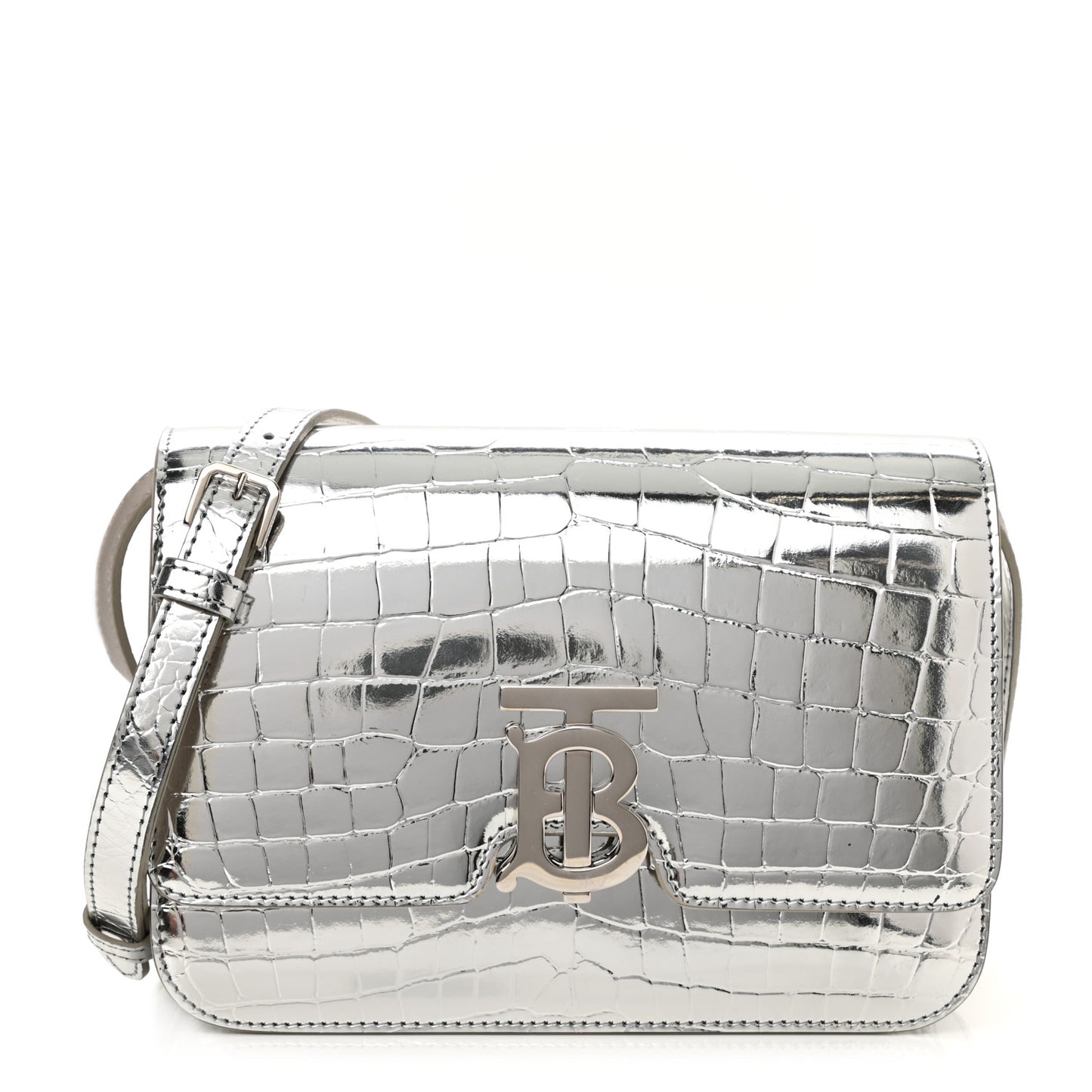 Metallic Patent Crocodile Embossed Small TB Shoulder Bag Silver