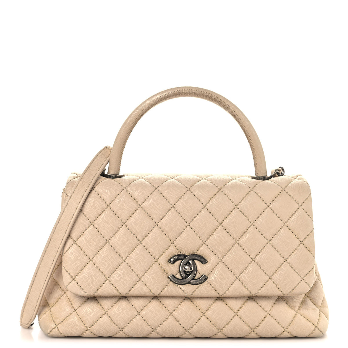 Caviar Quilted Small Coco Handle Flap Light Beige