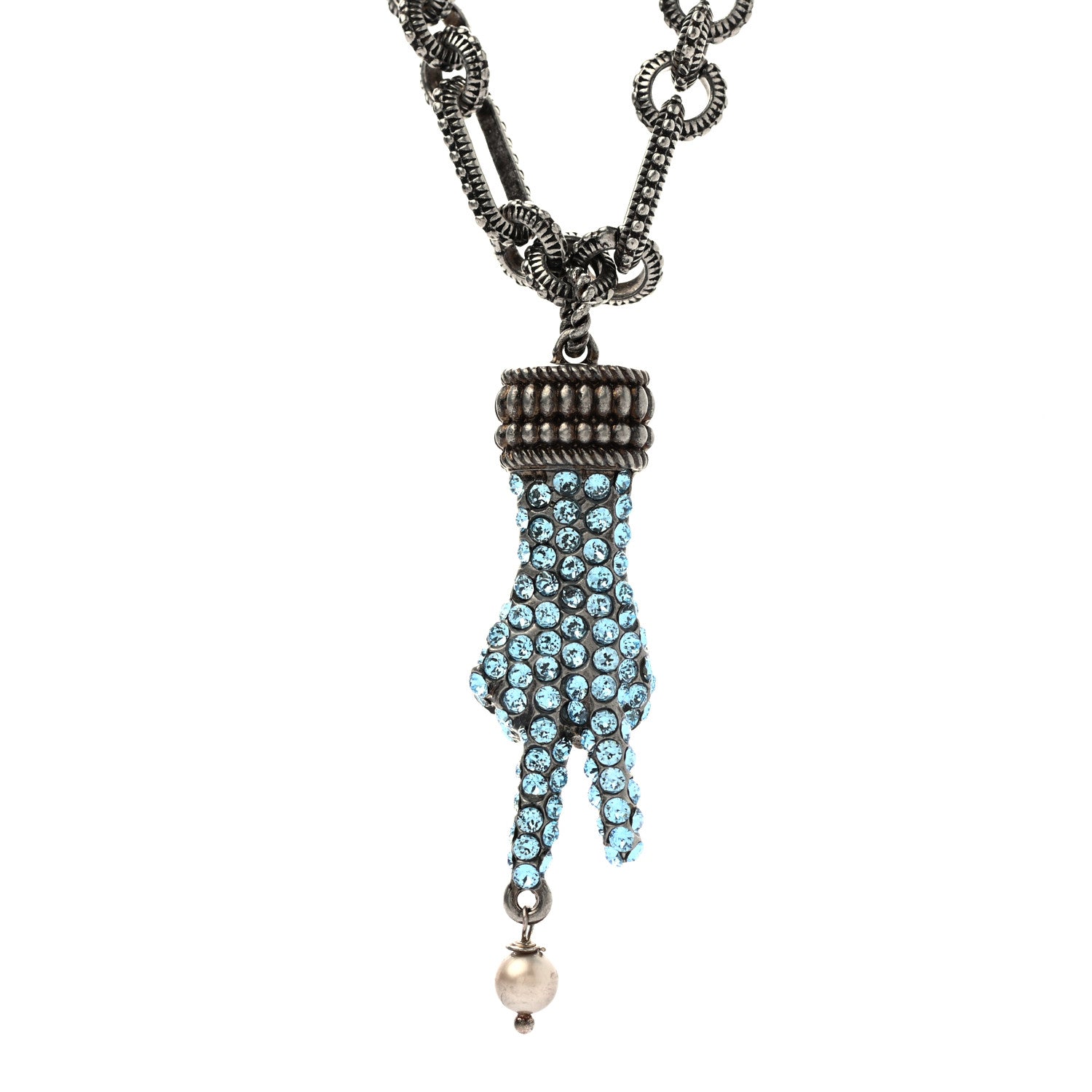 Gucci Crystal Hand Pendant Necklace Blue Aged Silver 4 of 5