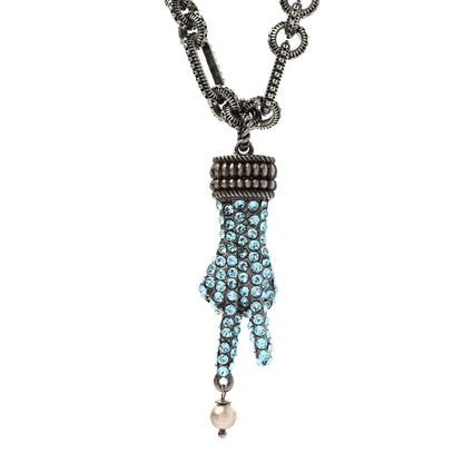 Gucci Crystal Hand Pendant Necklace Blue Aged Silver 4 of 5