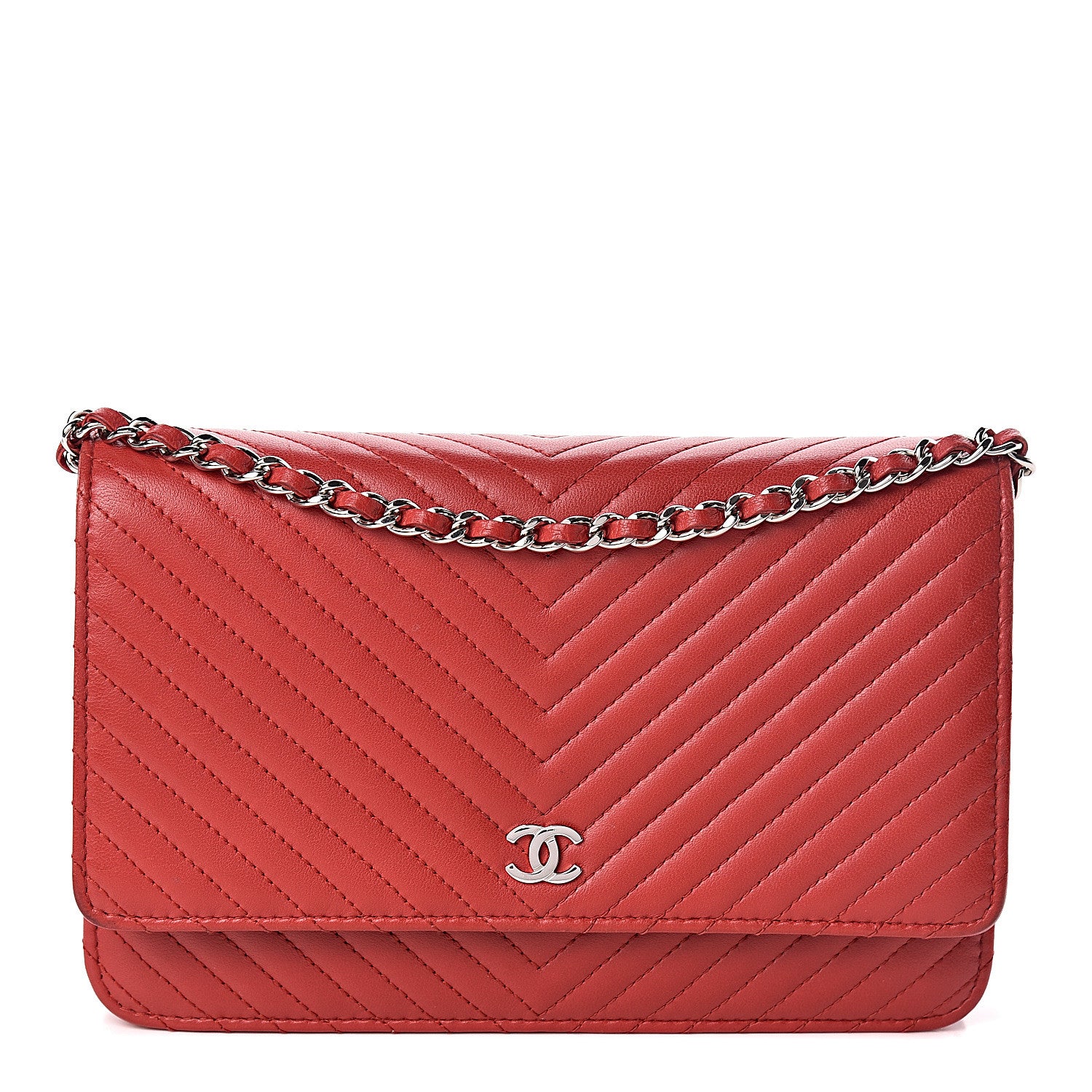 Chanel Lambskin Chevron Quilted Wallet On Chain WOC Red 1 of 15