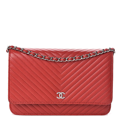 Chanel Lambskin Chevron Quilted Wallet On Chain WOC Red 1 of 15