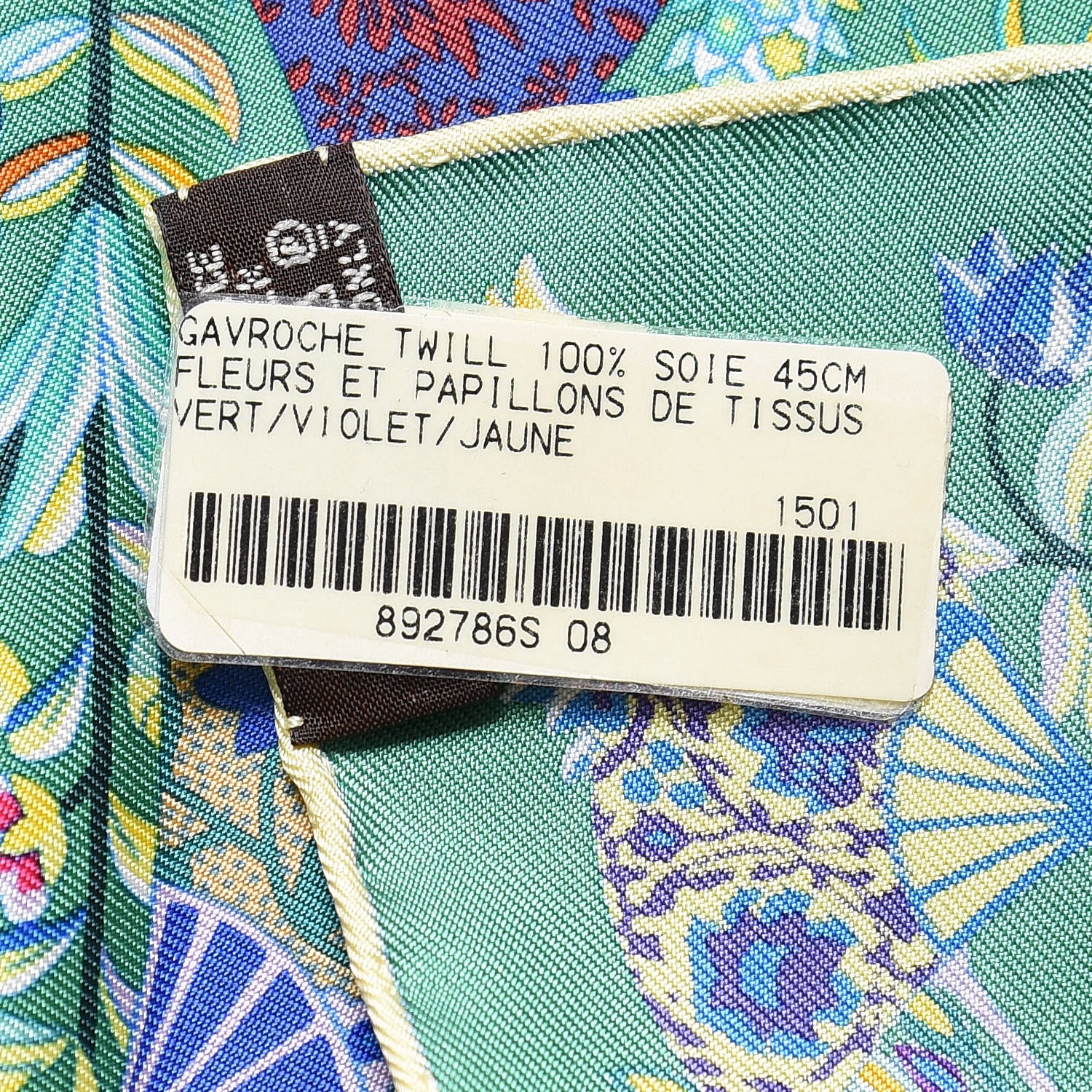 Hermes Cashmere Silk Fleurs et Papillons de Tissus Pocket Square Vert Violet Juane 3 of 7
