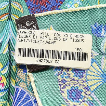 Hermes Cashmere Silk Fleurs et Papillons de Tissus Pocket Square Vert Violet Juane 3 of 7