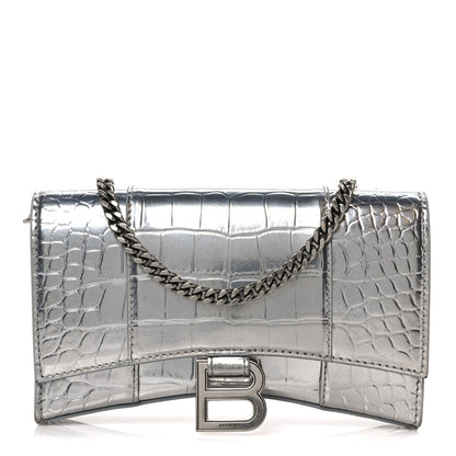 Balenciaga Shiny Calfskin Crocodile Embossed Hourglass Chain Bag Silver 1 of 11