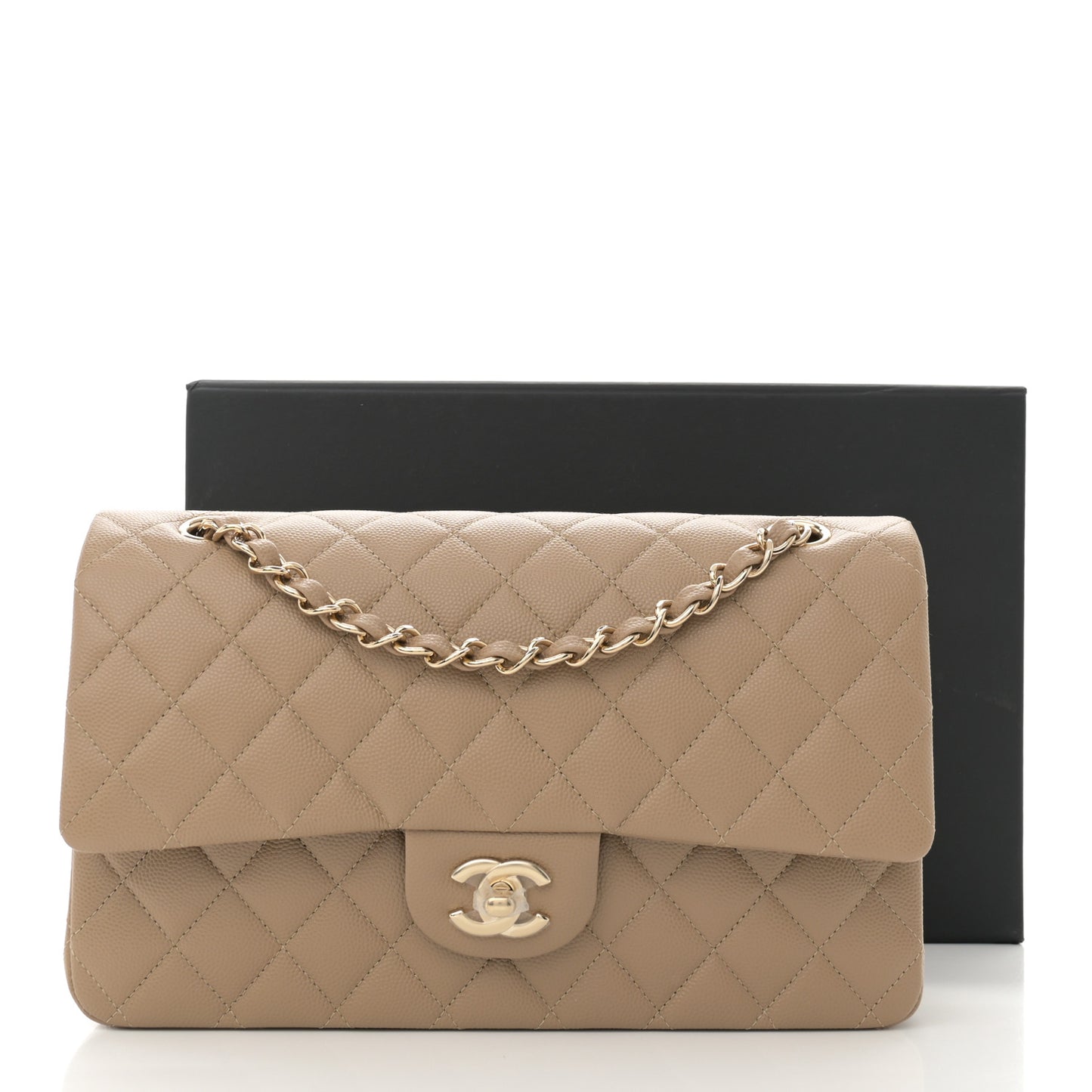 Caviar Quilted Medium Double Flap Dark Beige