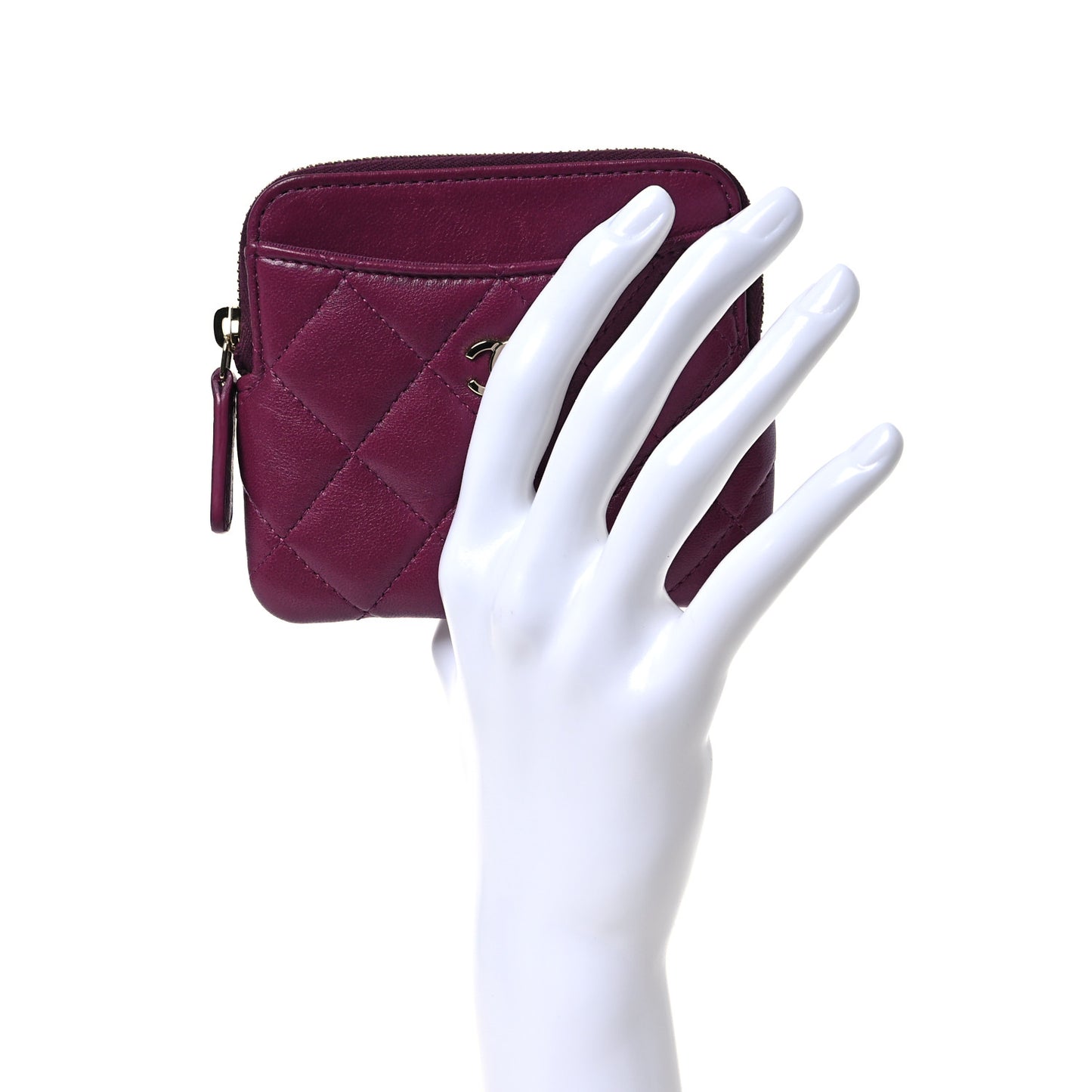 Lambskin Quilted Zip Card Holder Wallet Dark Purple