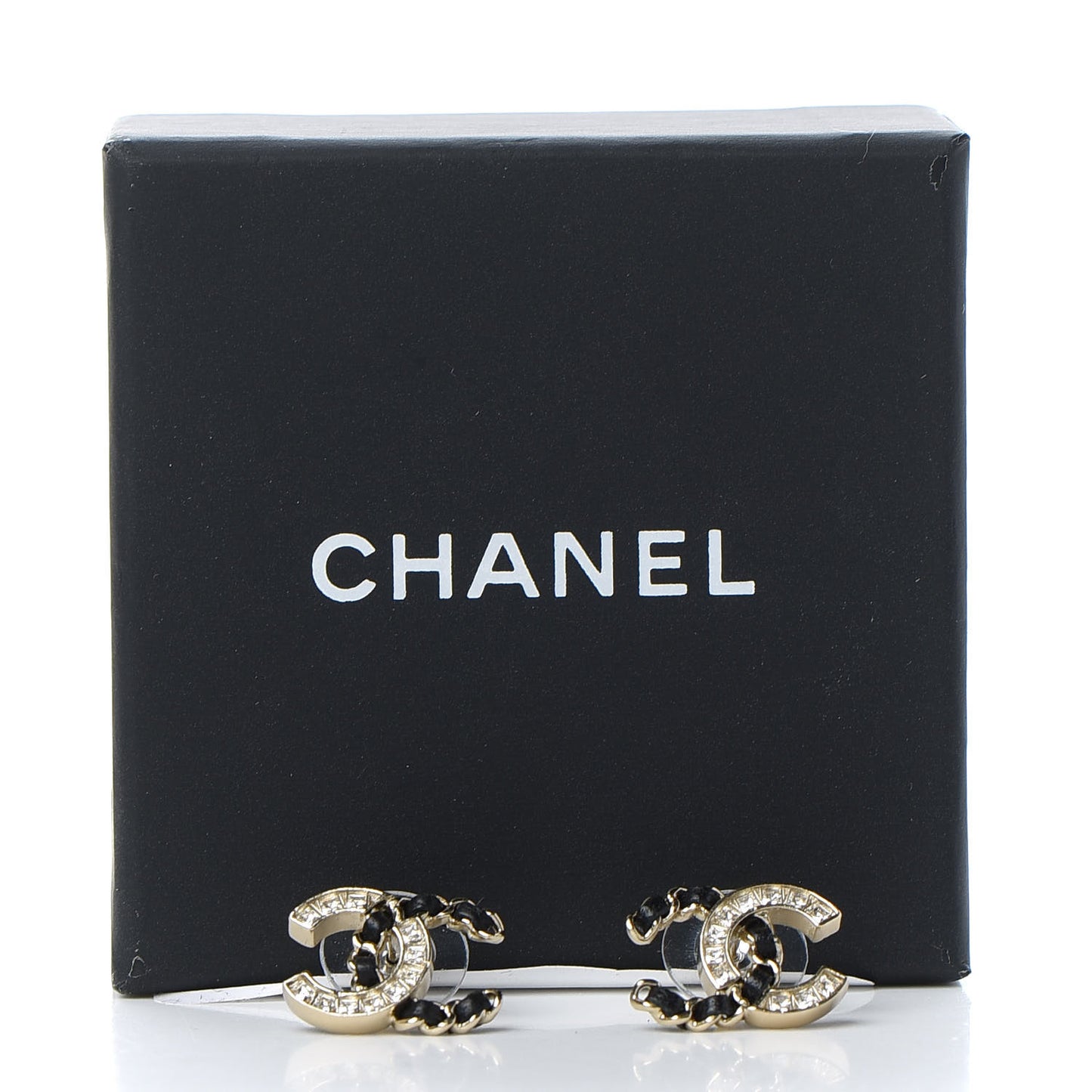 Crystal Baguette Lambskin Chain CC Vintage Allure Stud Earrings Black Gold