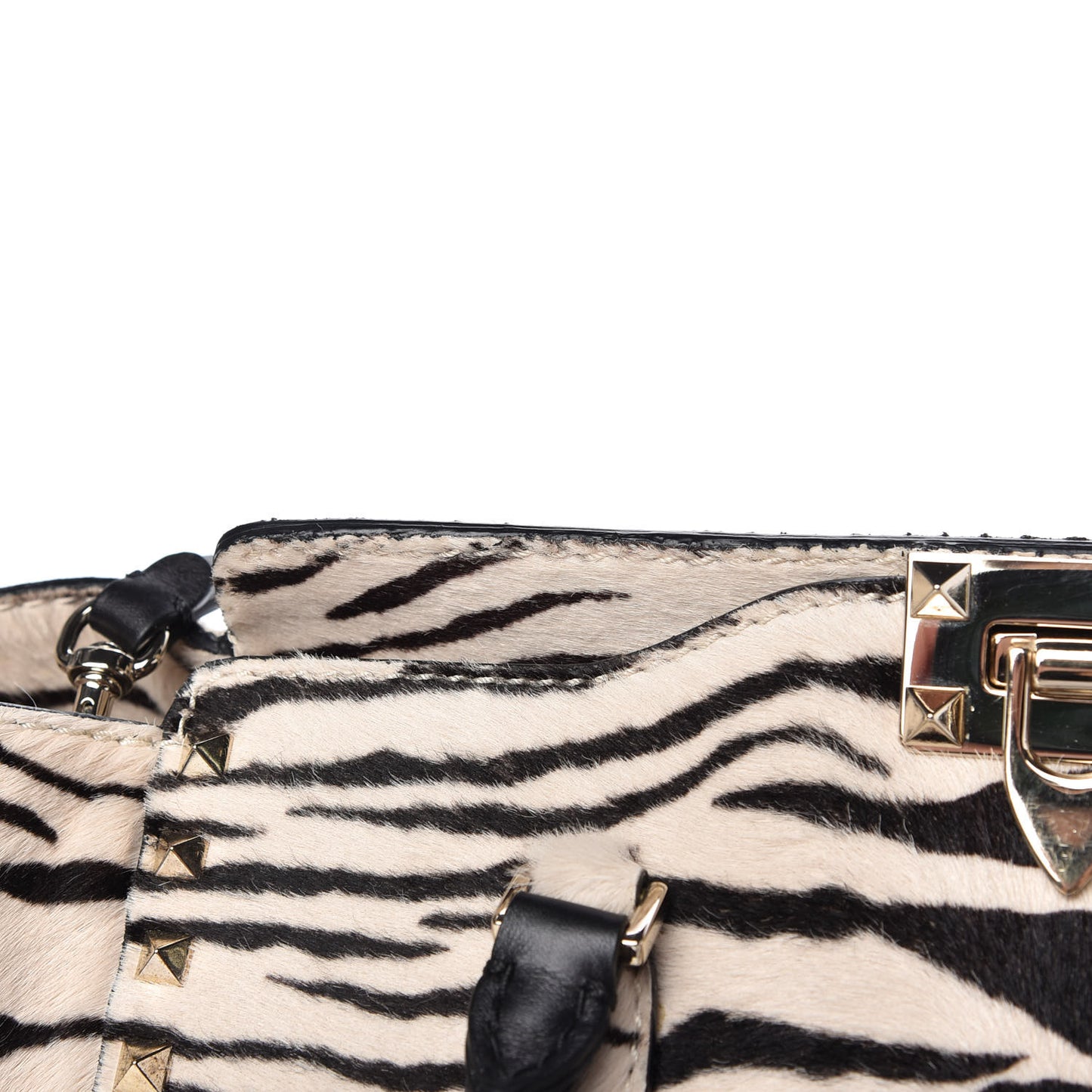 Pony Hair Zebra Rockstud Double Handle Tote Black Ivory