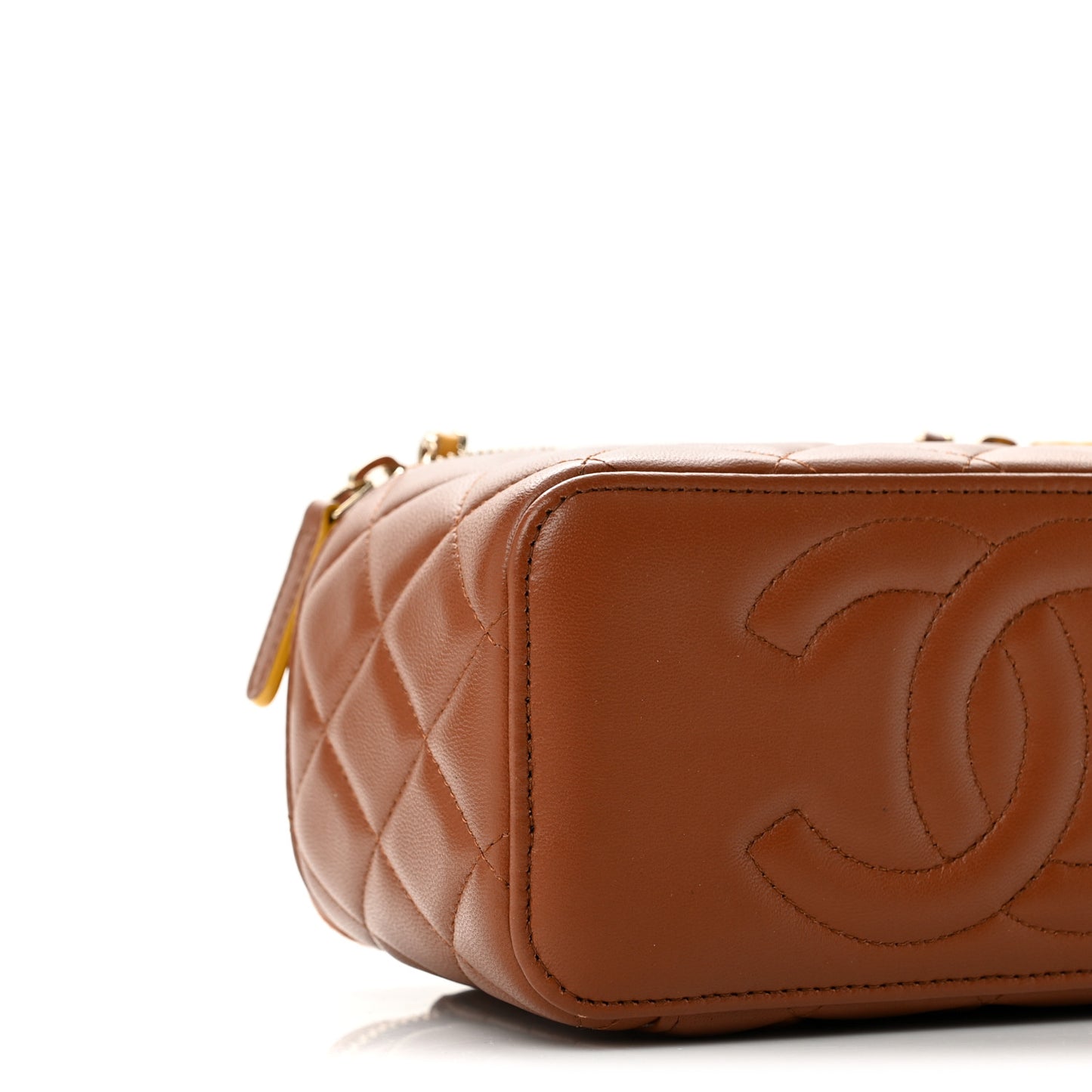 Lambskin Quilted Small Top Handle Vanity Case With Chain Light Brown Yellow