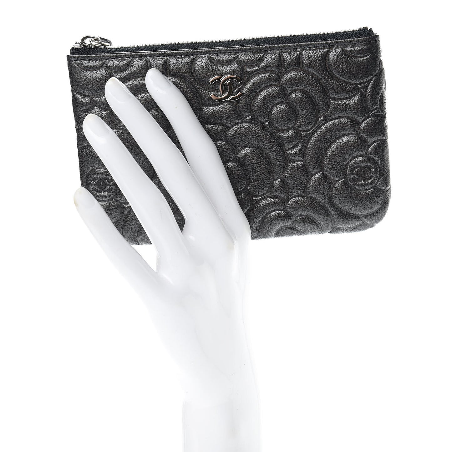 Goatskin Camellia Embossed Cosmetic Pouch Anthracite