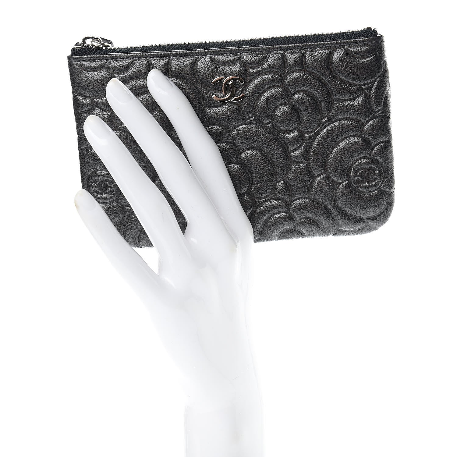 Chanel Goatskin Camellia Embossed Cosmetic Pouch Anthracite 2 of 8