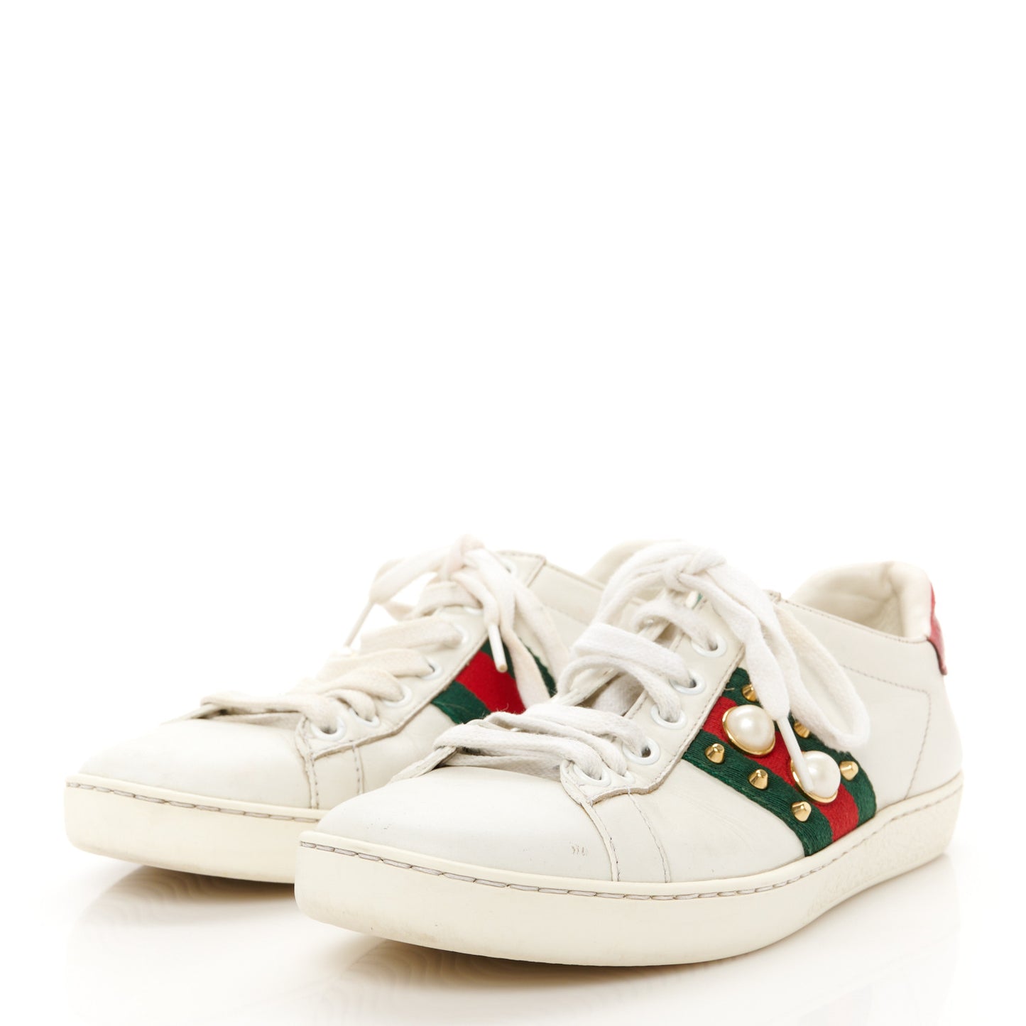 Calfskin Web Pearl Studded Womens Ace Sneakers 35 White