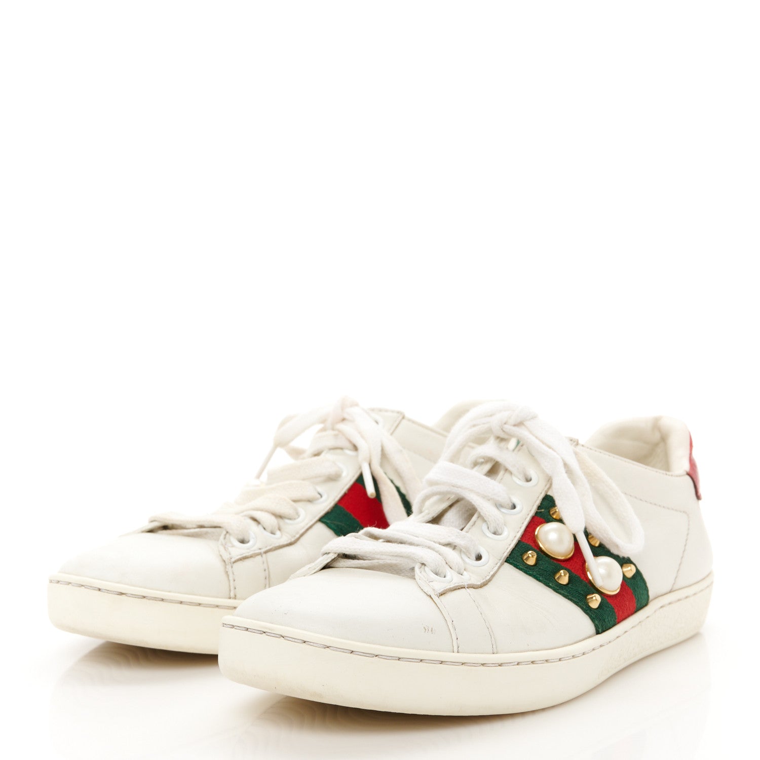 Gucci Calfskin Web Pearl Studded Womens Ace Sneakers 35 White 4 of 9