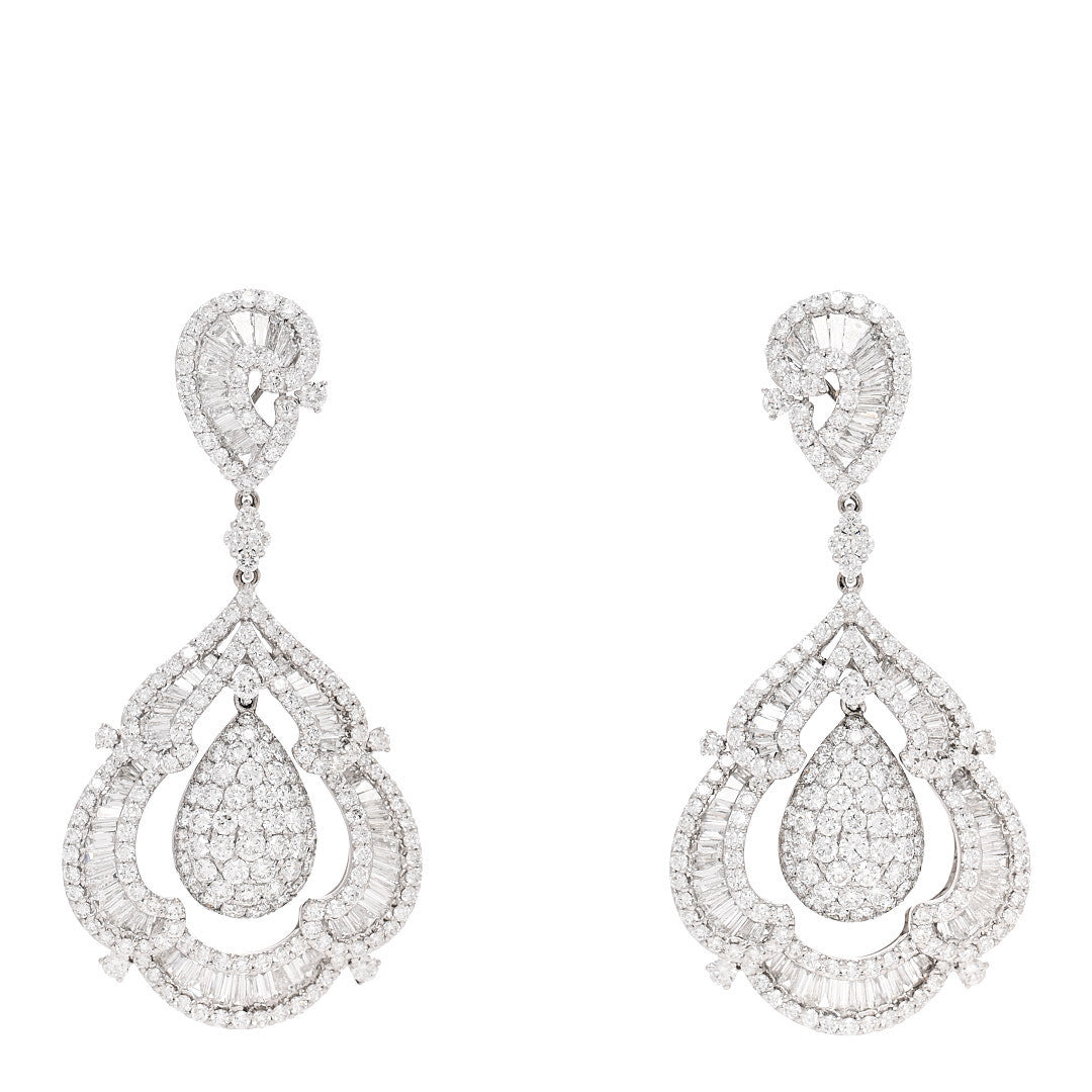 18K White Gold Diamond 10.19ctw Ornate Baguette Round Cut Drop Earrings