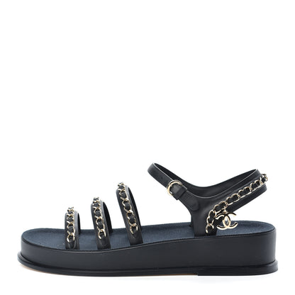 Chanel Calfskin Chain Platform Sandals 37 Navy 1 of 11