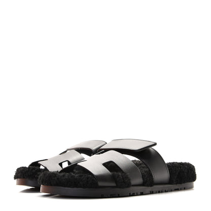 Hermes Calfskin Woolskin Womens Chypre Sandals 36 Black 2 of 12