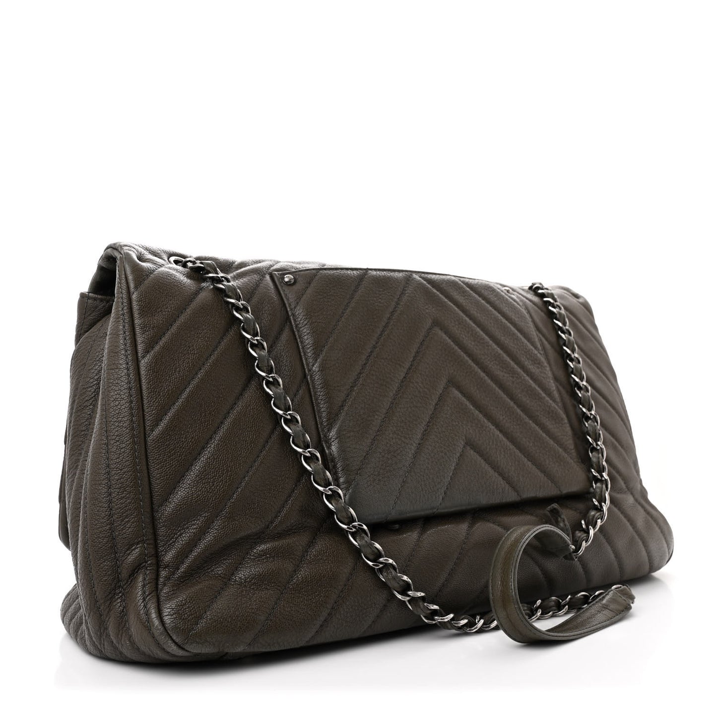 Calfskin Chevron Quilted XXL Travel Flap Bag Khaki