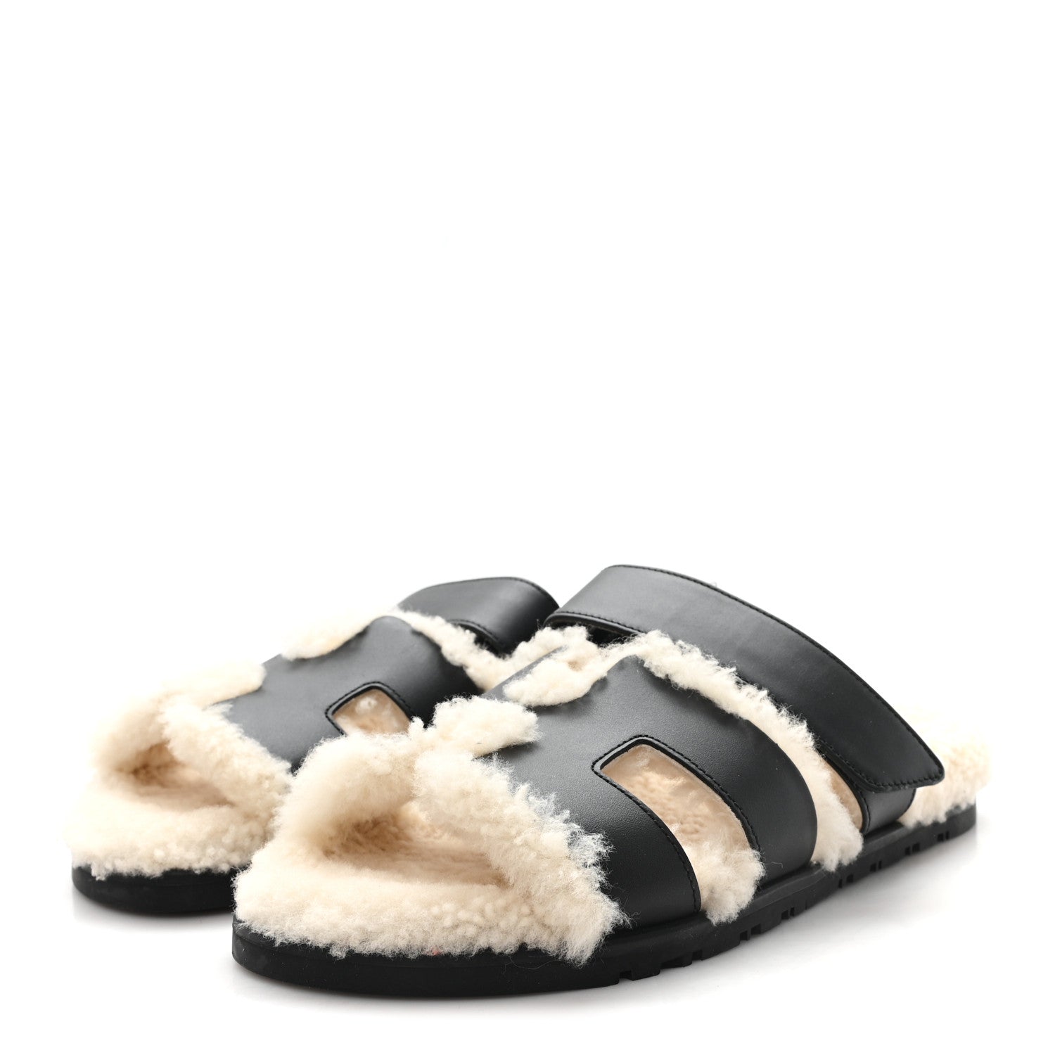 Hermes Calfskin Woolskin Womens Chypre Sandals 37.5 Black Ecru 4 of 8