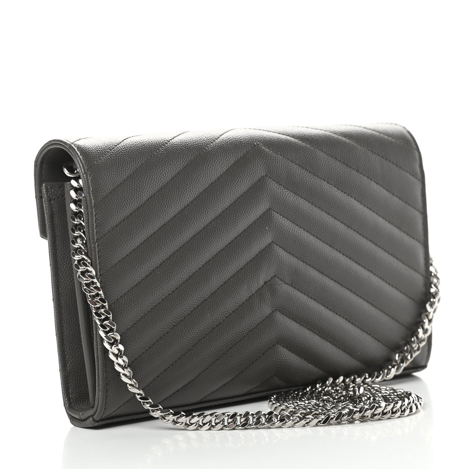 Saint Laurent Grain De Poudre Matelasse Chevron Monogram Chain Wallet Grey 3 of 12