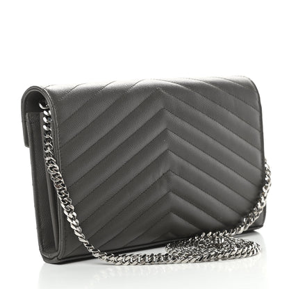 Saint Laurent Grain De Poudre Matelasse Chevron Monogram Chain Wallet Grey 3 of 12
