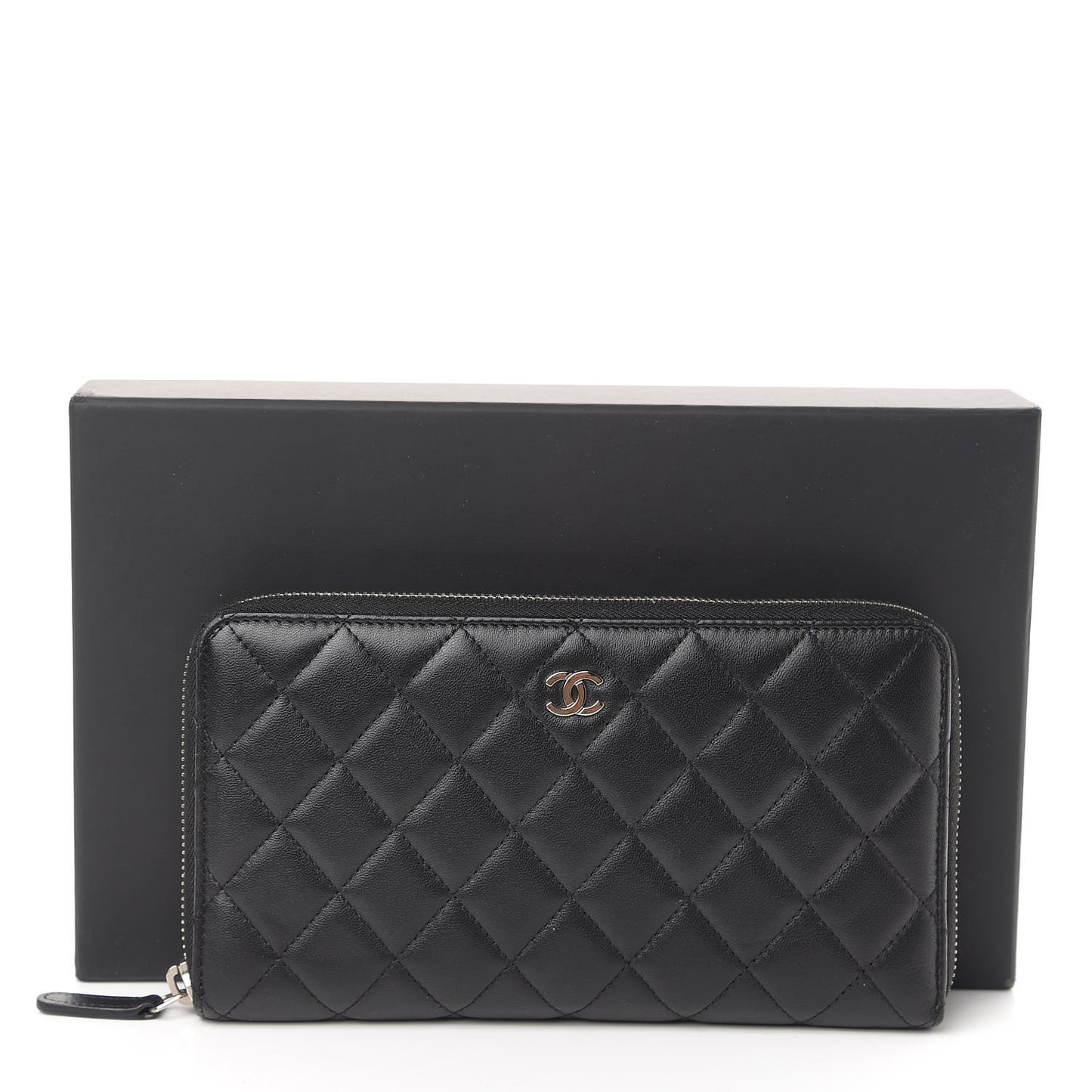 Lambskin Quilted Large Zip Around Organizer Wallet Black