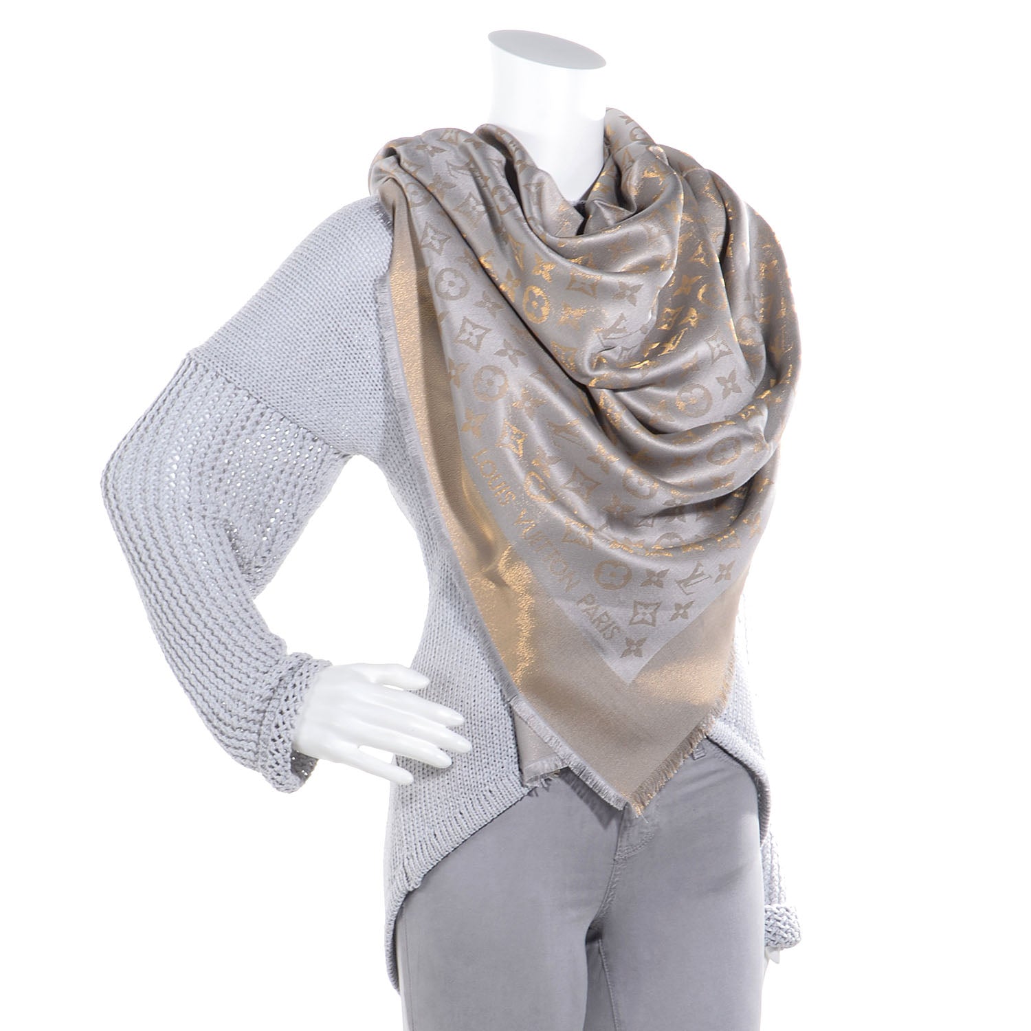 Louis Vuitton Silk Lurex Wool Monogram Shine Shawl Beige 2 of 5