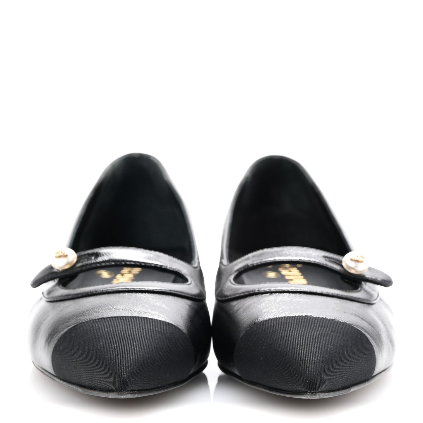Shiny Lambskin Grosgrain Pearl Mary Jane Flats 39 Black