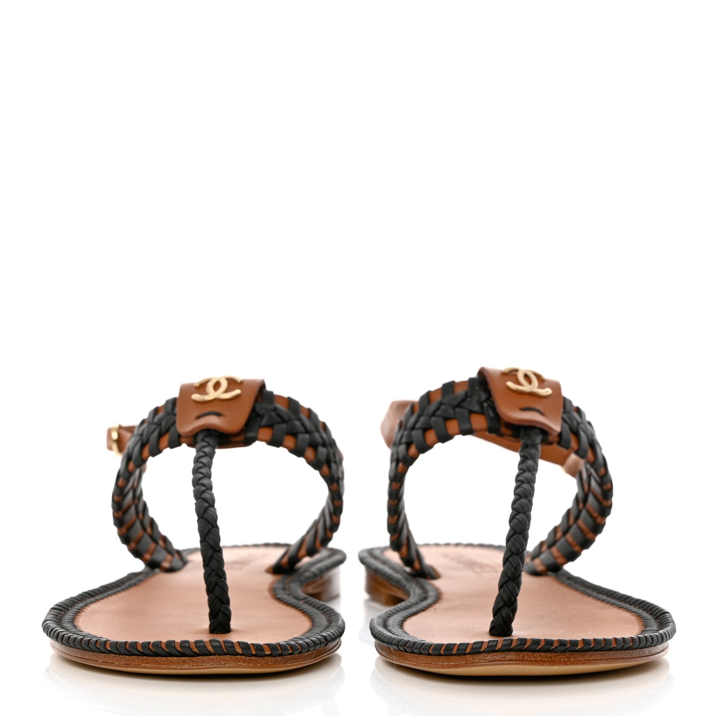 Lambskin Calfskin Braided Thong Sandals 36 Black Brown