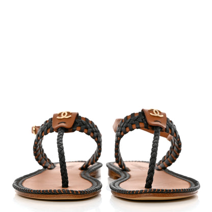 Chanel Lambskin Calfskin Braided Thong Sandals 36 Black Brown 2 of 9