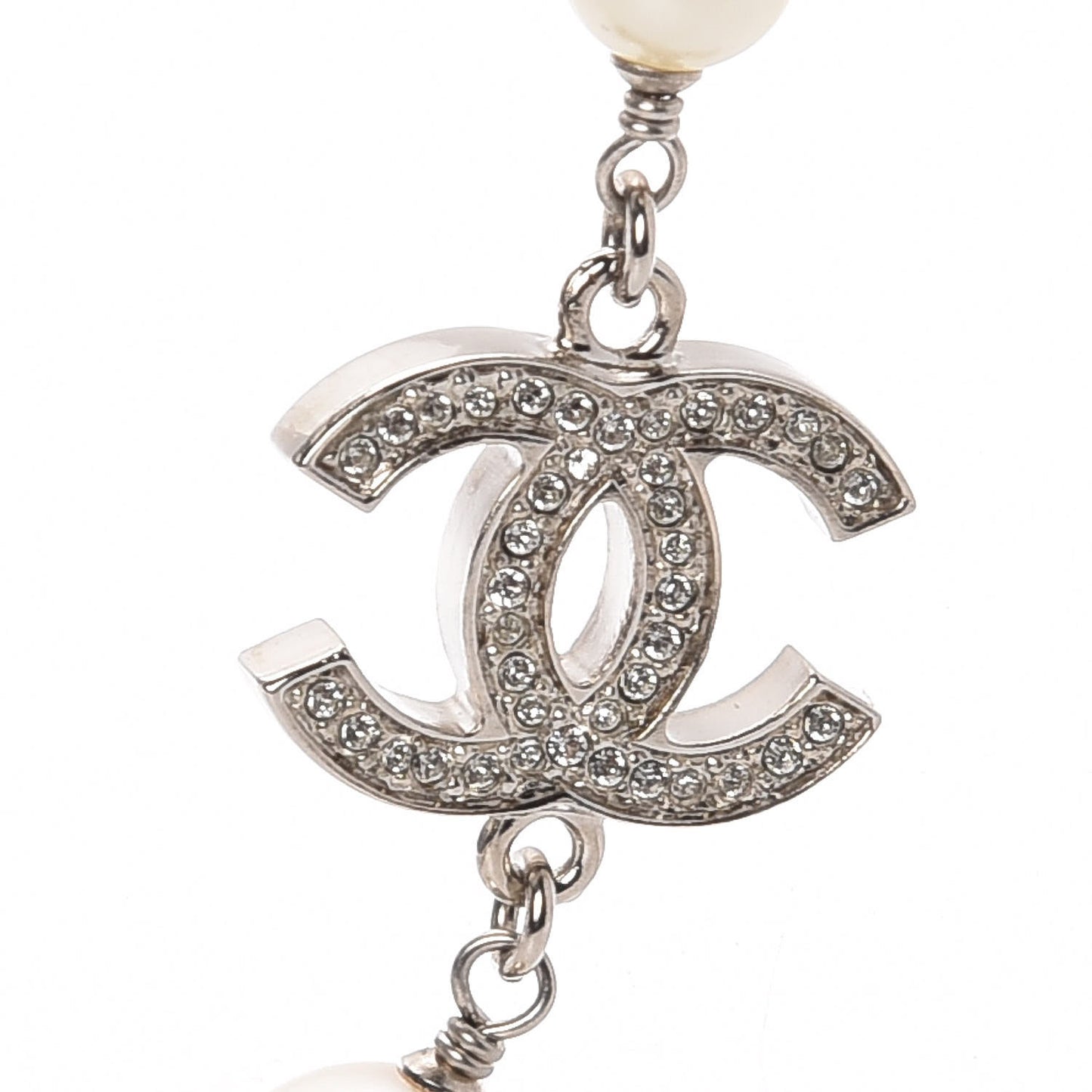 Crystal Pearl CC Long Necklace Silver