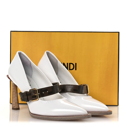 Fendi Glossy Neoprene Glazed Fabric FF FFrame Court Mary Jane Pumps 39 White Tobacco Moro 11 of 11