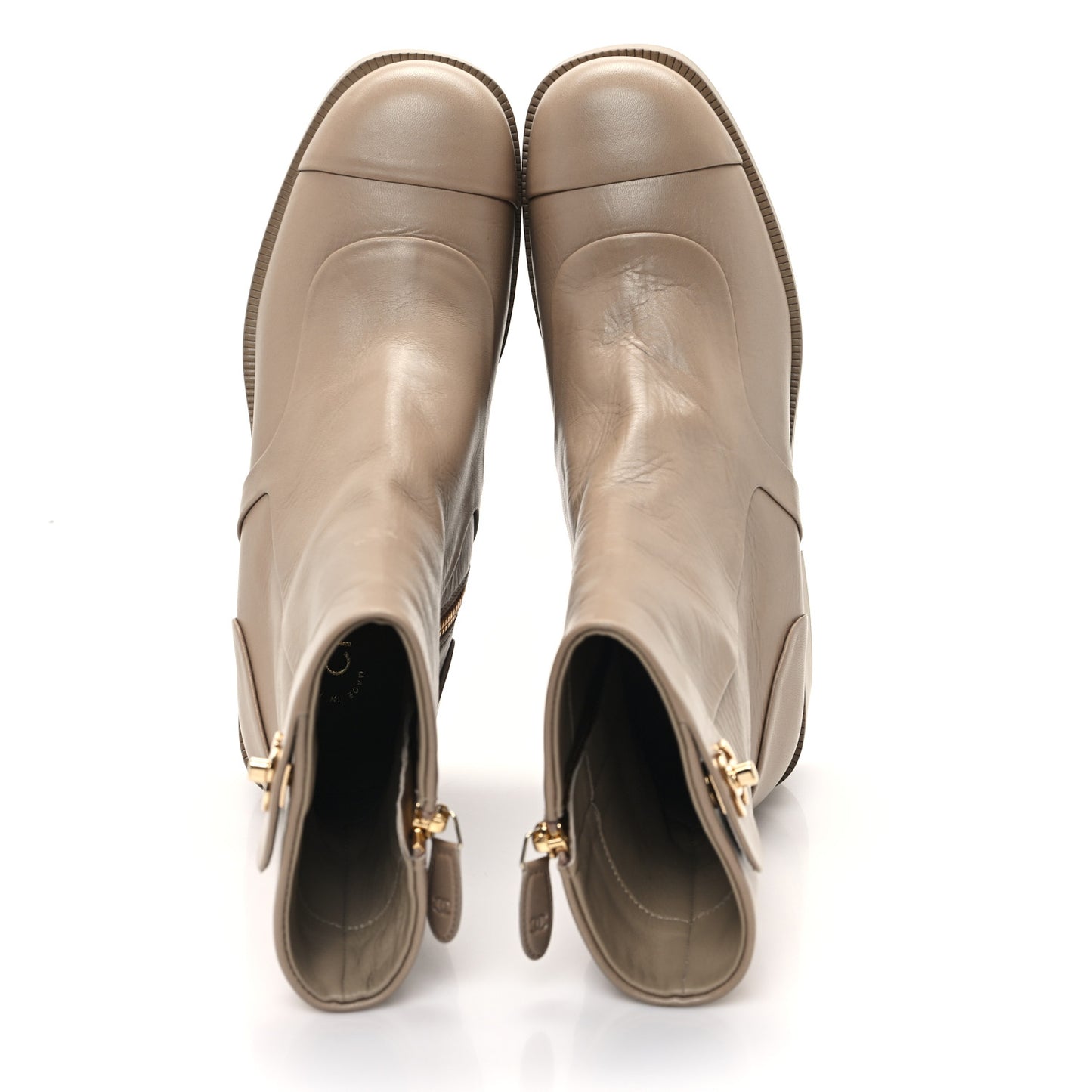Shiny Goatskin Cap Toe Short Boots 38.5 Beige