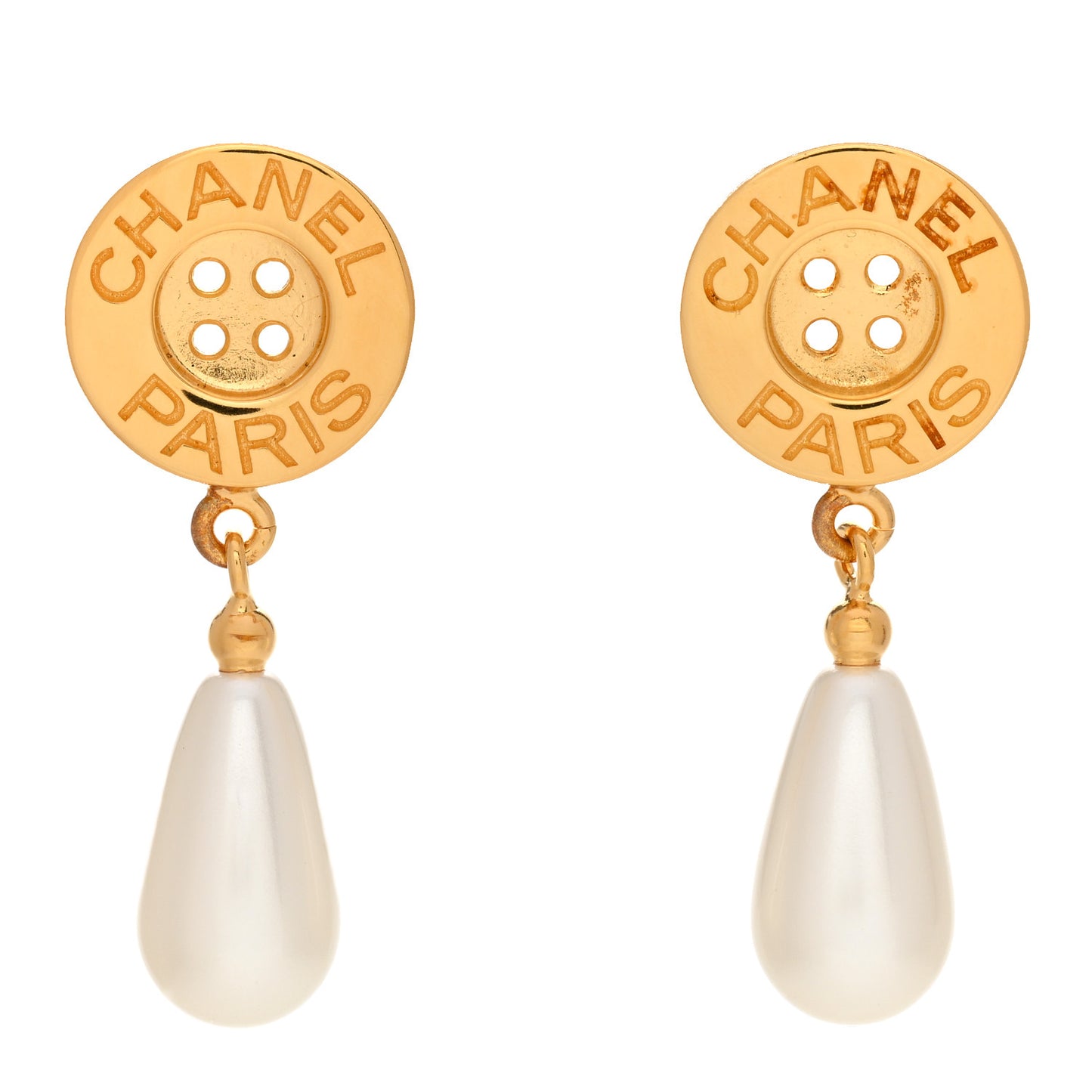 Metal Pearl Paris Button Drop Earrings Gold