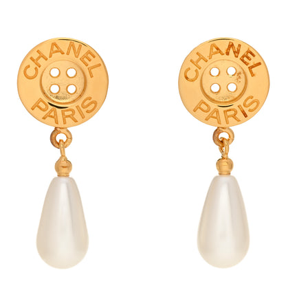 Chanel Metal Pearl Paris Button Drop Earrings Gold 1 of 5