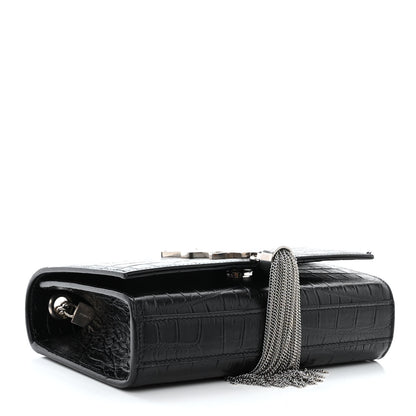 Saint Laurent Calfskin Crocodile Embossed Small Classic Monogram Kate Tassel Satchel Black 4 of 14