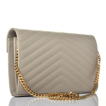 Saint Laurent Grain De Poudre Matelasse Chevron Monogram Chain Wallet Sea Salt 3 of 8