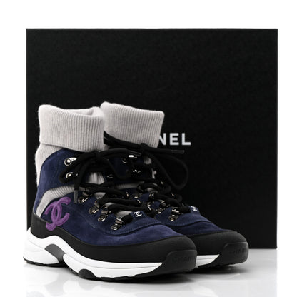 Chanel Suede Calfskin Knit CC Sneakers 38 Navy Purple Black Grey 9 of 9