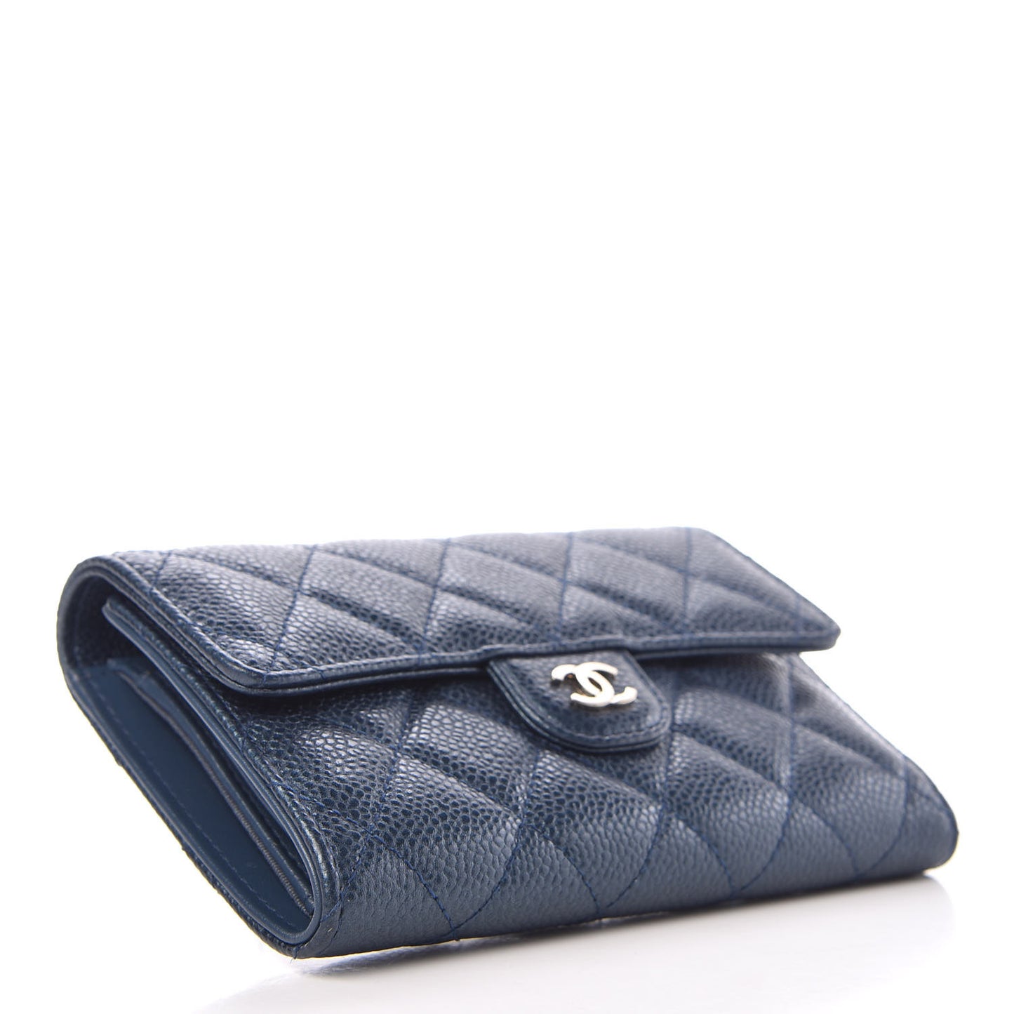 Metallic Caviar Quilted Medium Flap Wallet Dark Blue