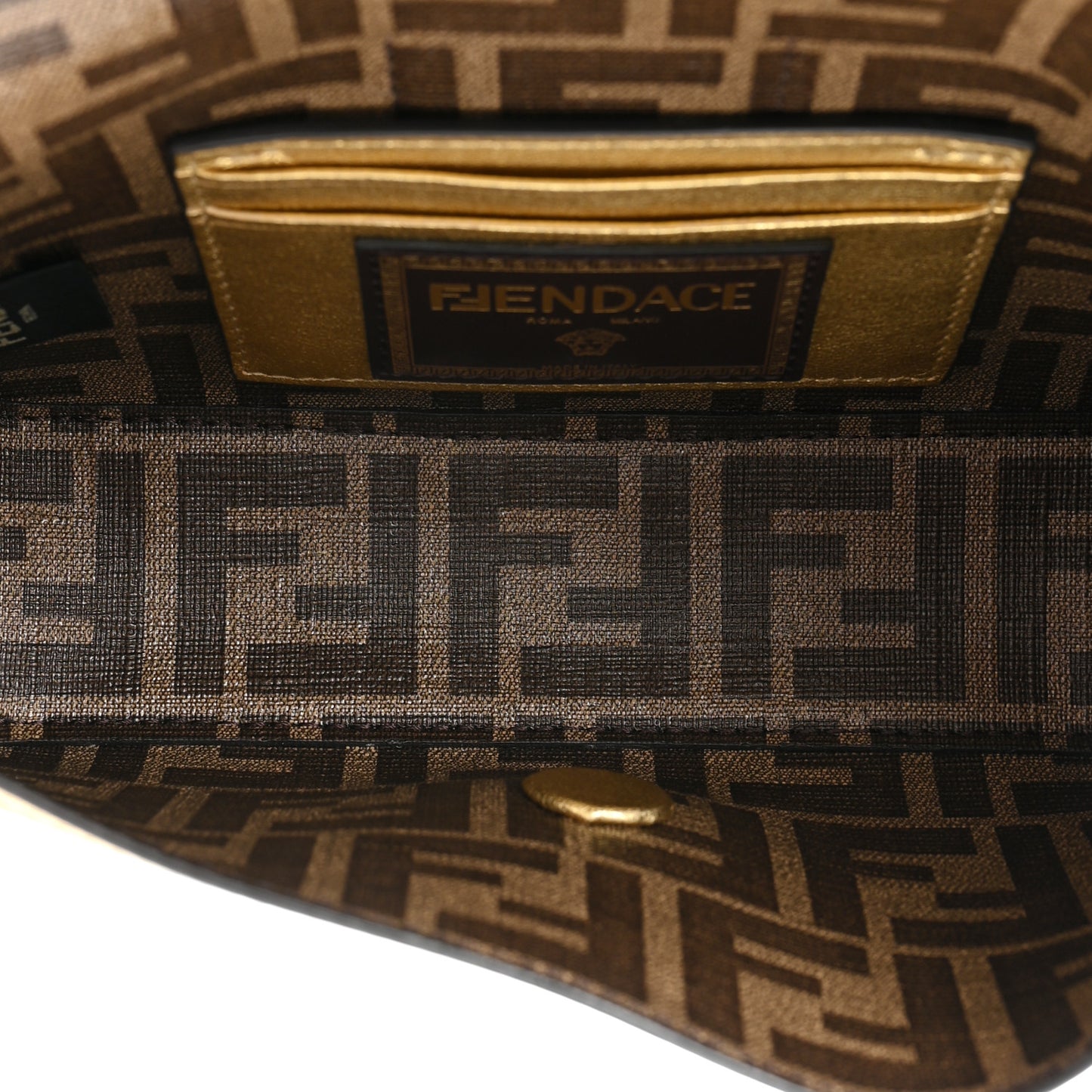 X VERSACE Vitello Laminato Nappa Perforated Fendace FF Baroque Mini Brooch Baguette Gold