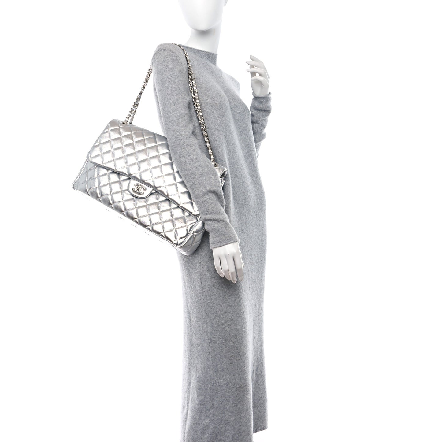 Metallic Lambskin Quilted XXL Travel Flap Bag Silver