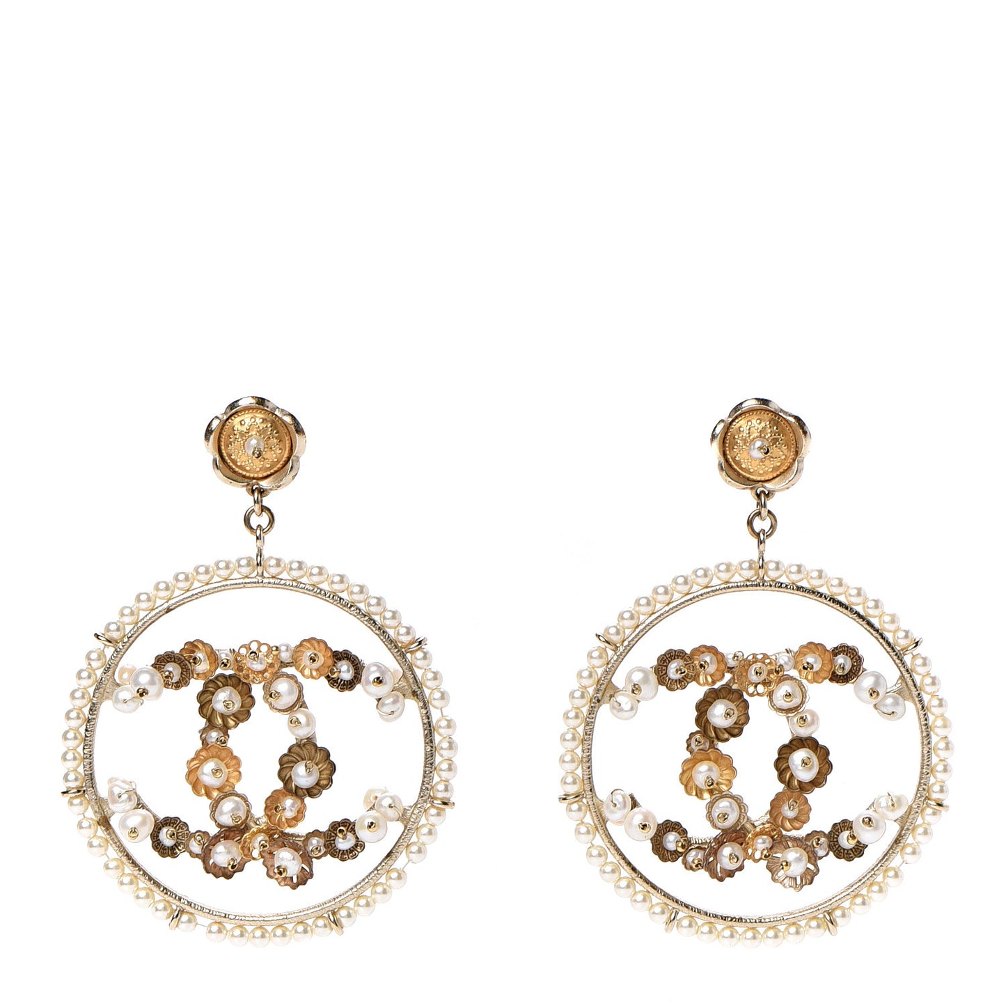 Pearl CC Drop Hoop Earrings Light Gold