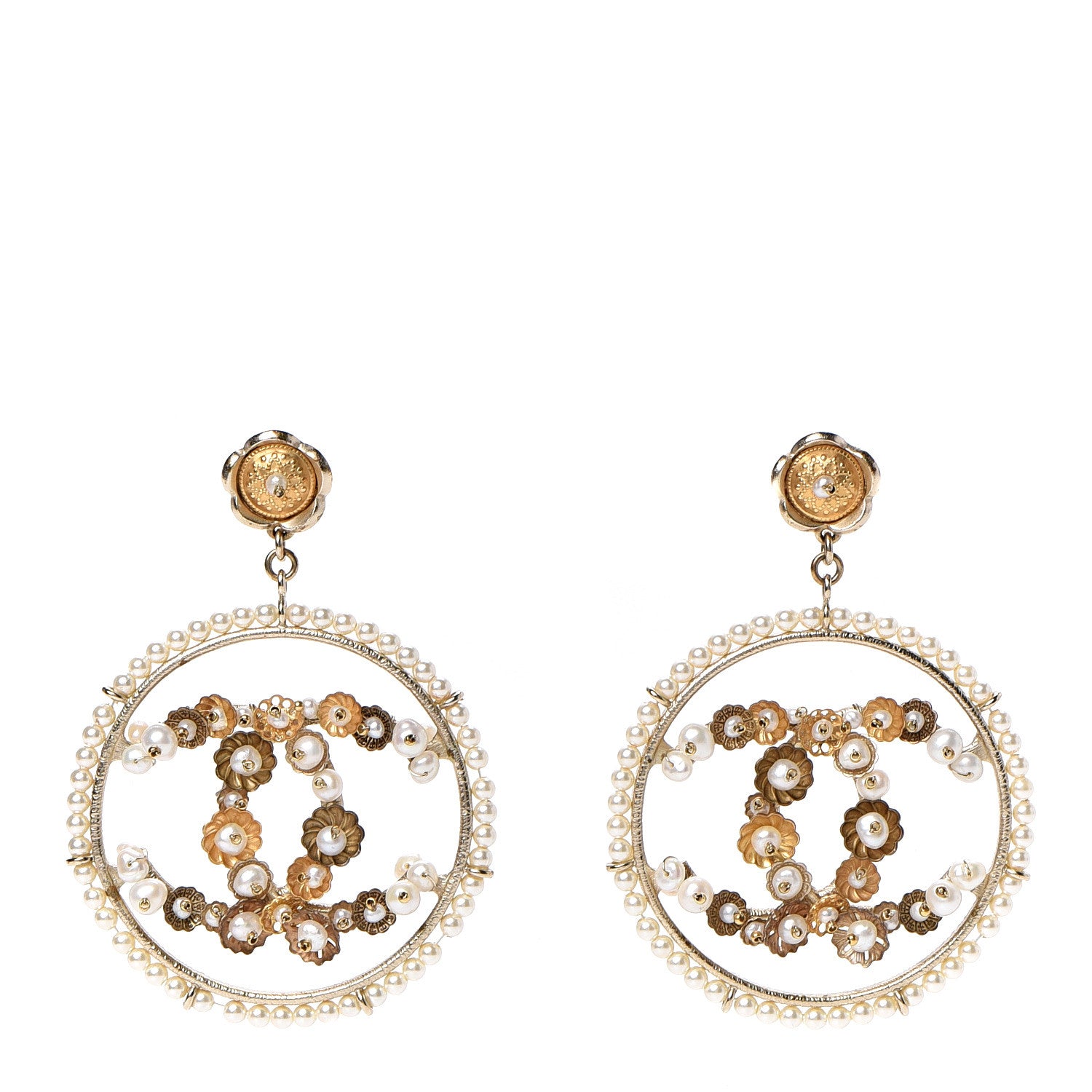 Chanel Pearl CC Drop Hoop Earrings Light Gold 1 of 6