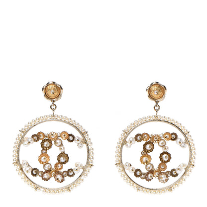 Chanel Pearl CC Drop Hoop Earrings Light Gold 1 of 6